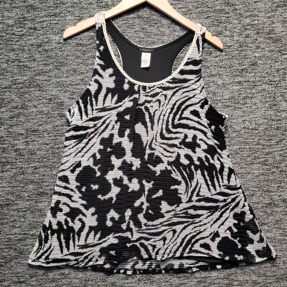 Cocomo Tank Top Womens XL Black White Abstract Crochet Racerback Boho Indie Chic